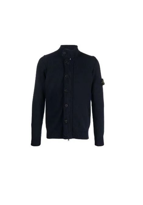 Cardigan lavorato a maglia in lana blu navy con colletto rialzato STONE ISLAND | 7915547A3A0020